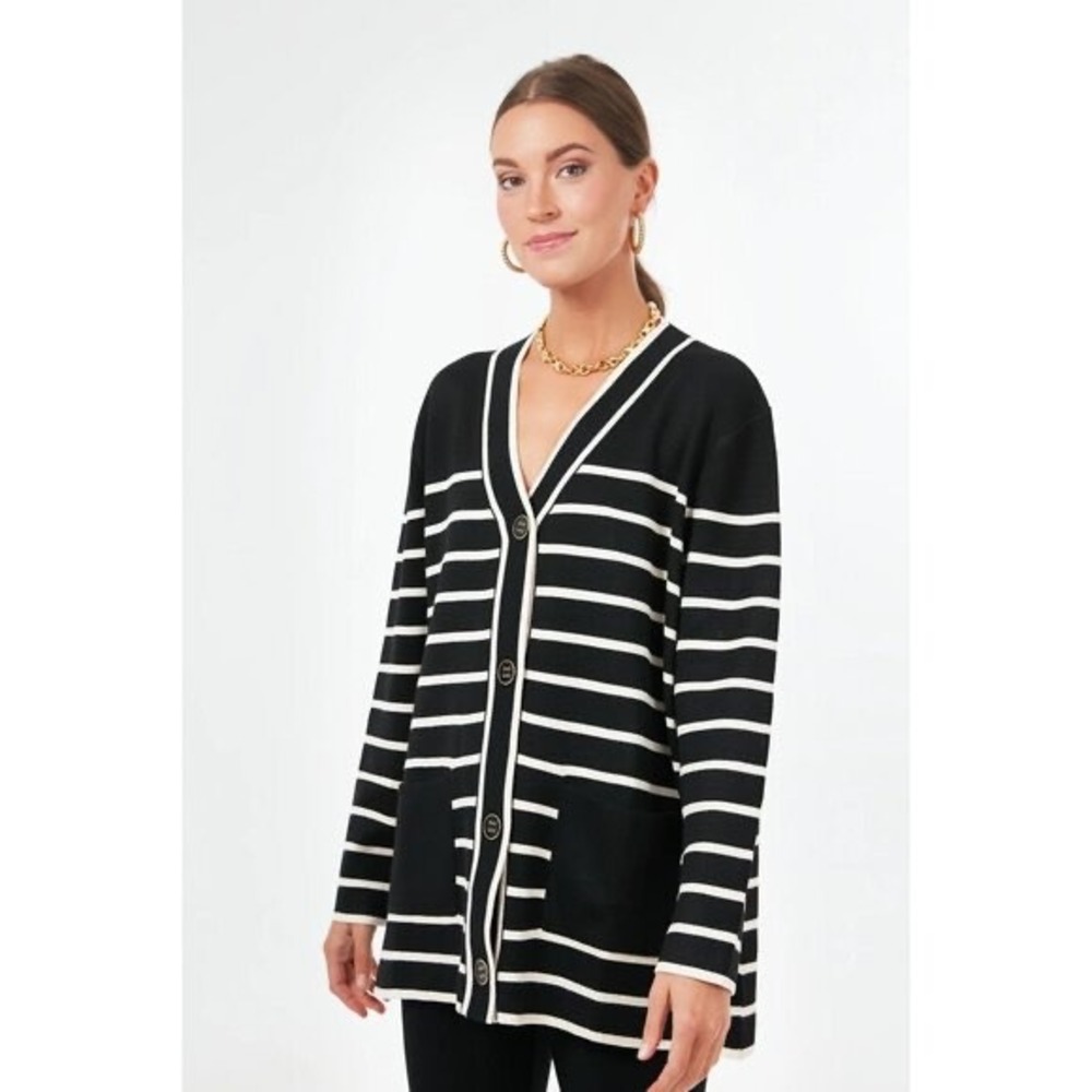 Tuckernuck Lauren Cardigan Size Small Black White Striped V Neck Sweater‎